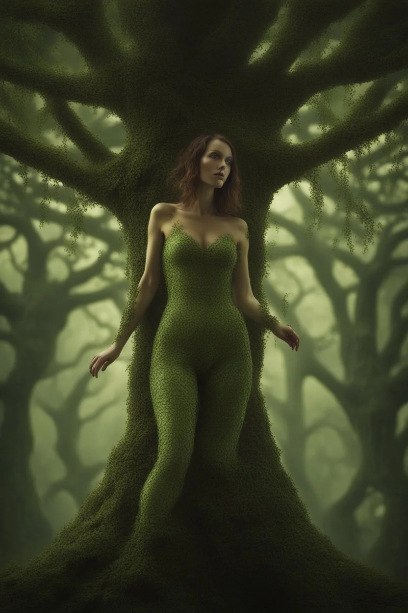 full body shot of a young, slim woman covered in a one-piece bodysuit made from tiny green filigree leaves, emerging from a tree, detailed matte painting, deep colour, fantastical, intricate detail