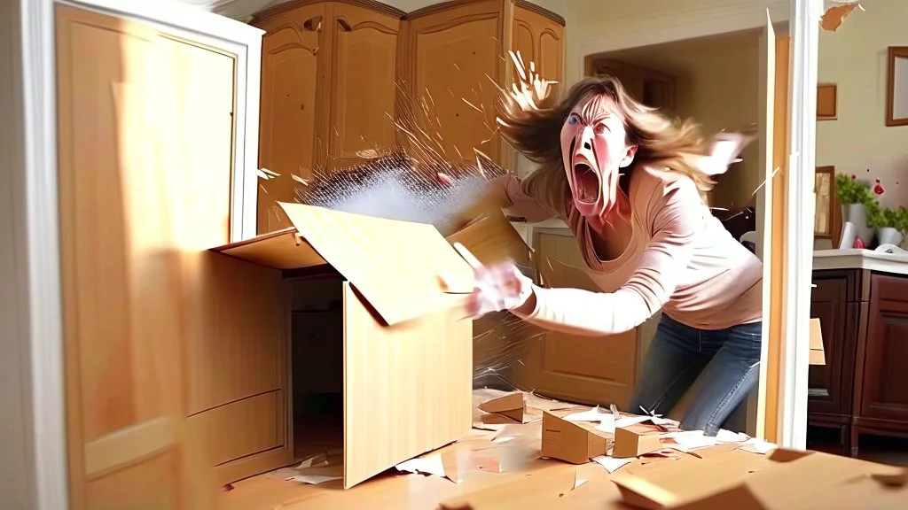 woman starts frantically tearing through a very large door sized box the kitchen table was delivered in