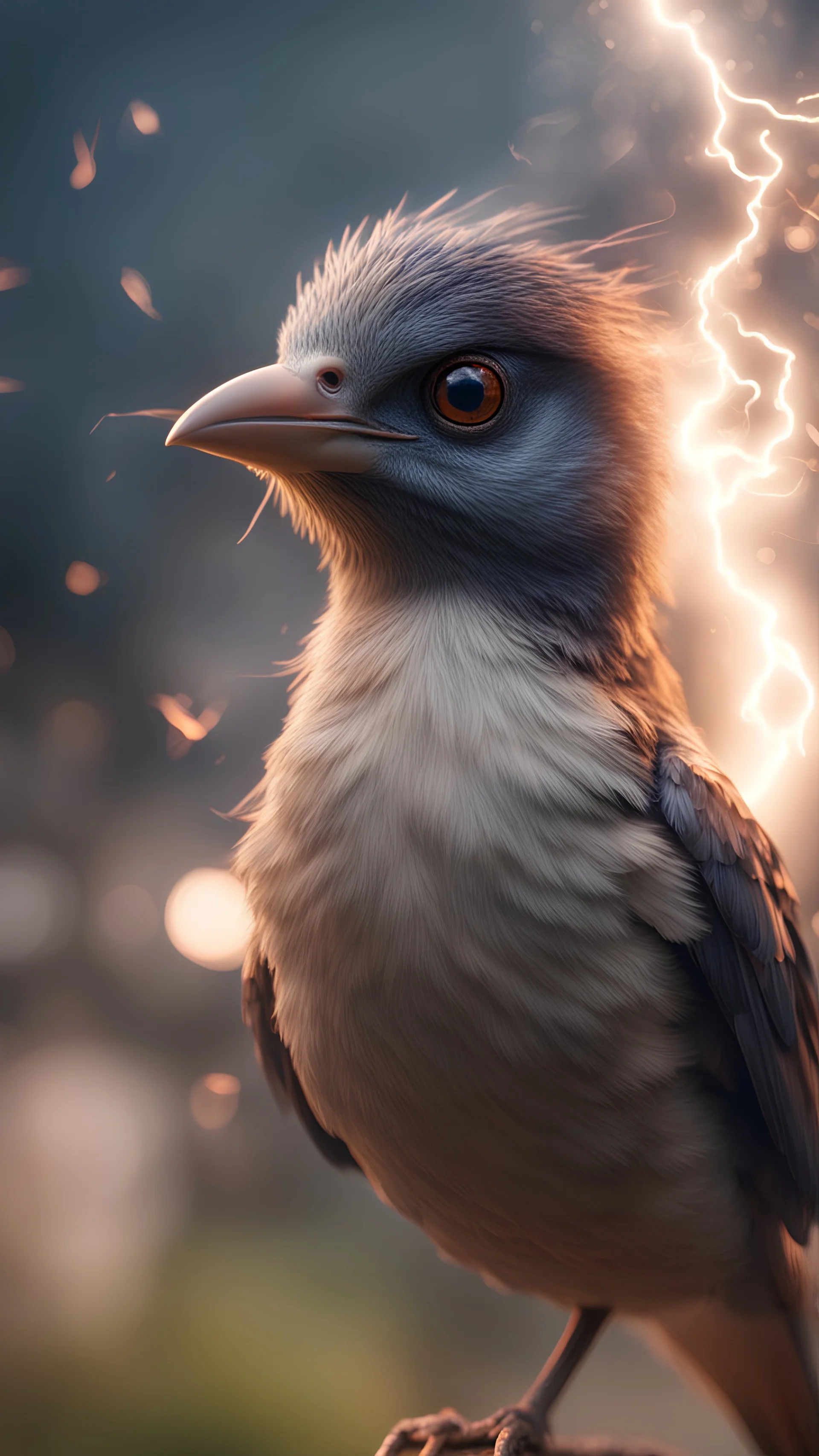 smoking bird getting hit by lightening, with big disturbed eyes,bokeh like f/0.8, tilt-shift lens 8k, high detail, smooth render, down-light, unreal engine, prize winning