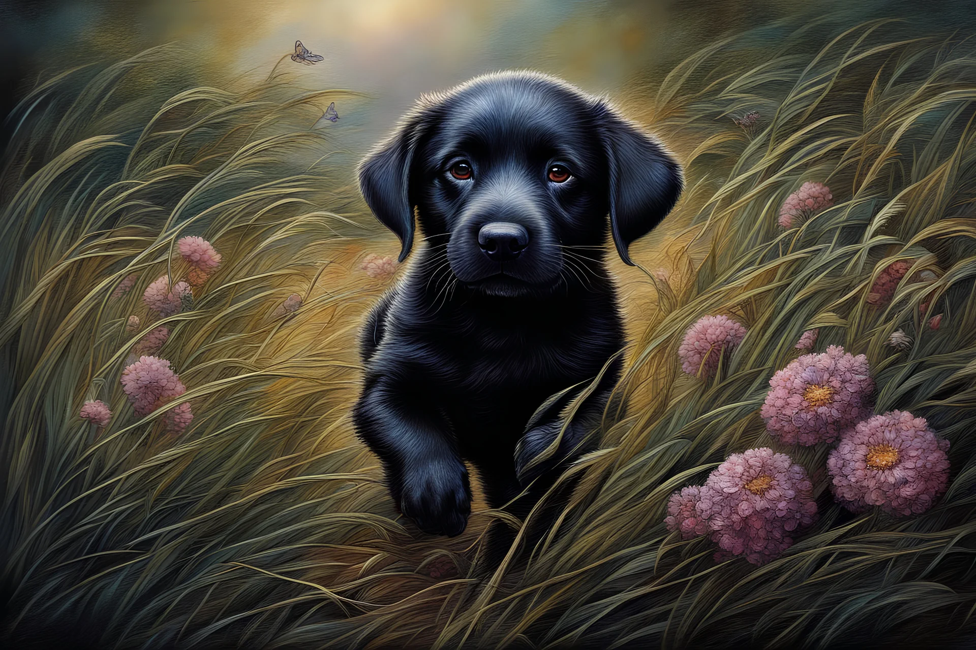 A happy black Labrador puppy bounding through long grass and flowers professional award winning oil on canvas Atmospheric extremely detailed Josephine Wall digital art Atmospheric extremely detailed