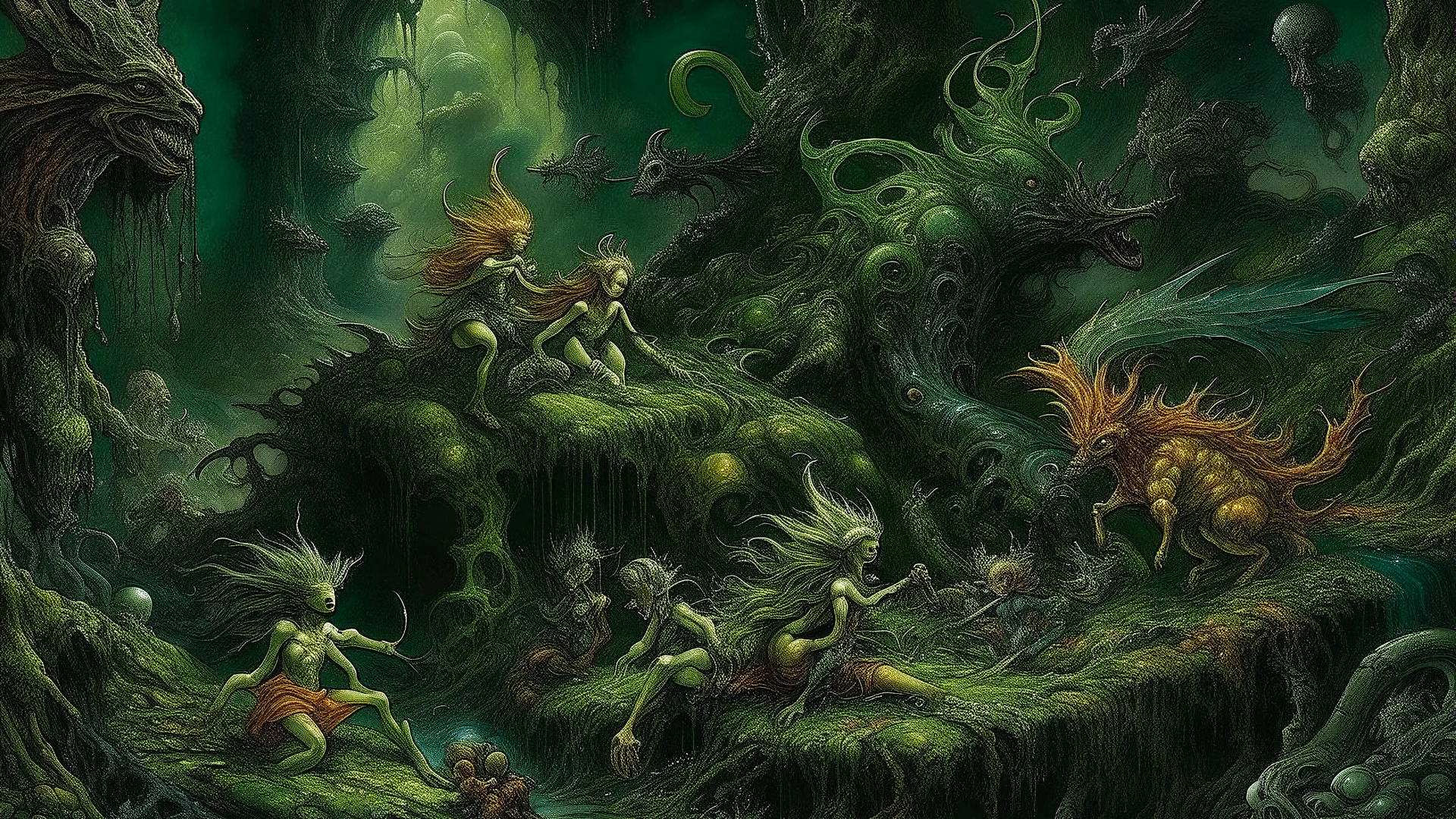 Shying away beneath the moss-covered surface, the timid creatures hide their true selves from the world. Amongst them, the bronze heroes discard their fears, casting away their inner demons as they make a swift escape from danger. This compelling scene unfolds in a stunning painting, showcasing intricate details and vibrant colors. The shyness of the mysterious figures contrasts beautifully with the boldness of the heroes, creating a visually striking image that captivates the imagination. Rich