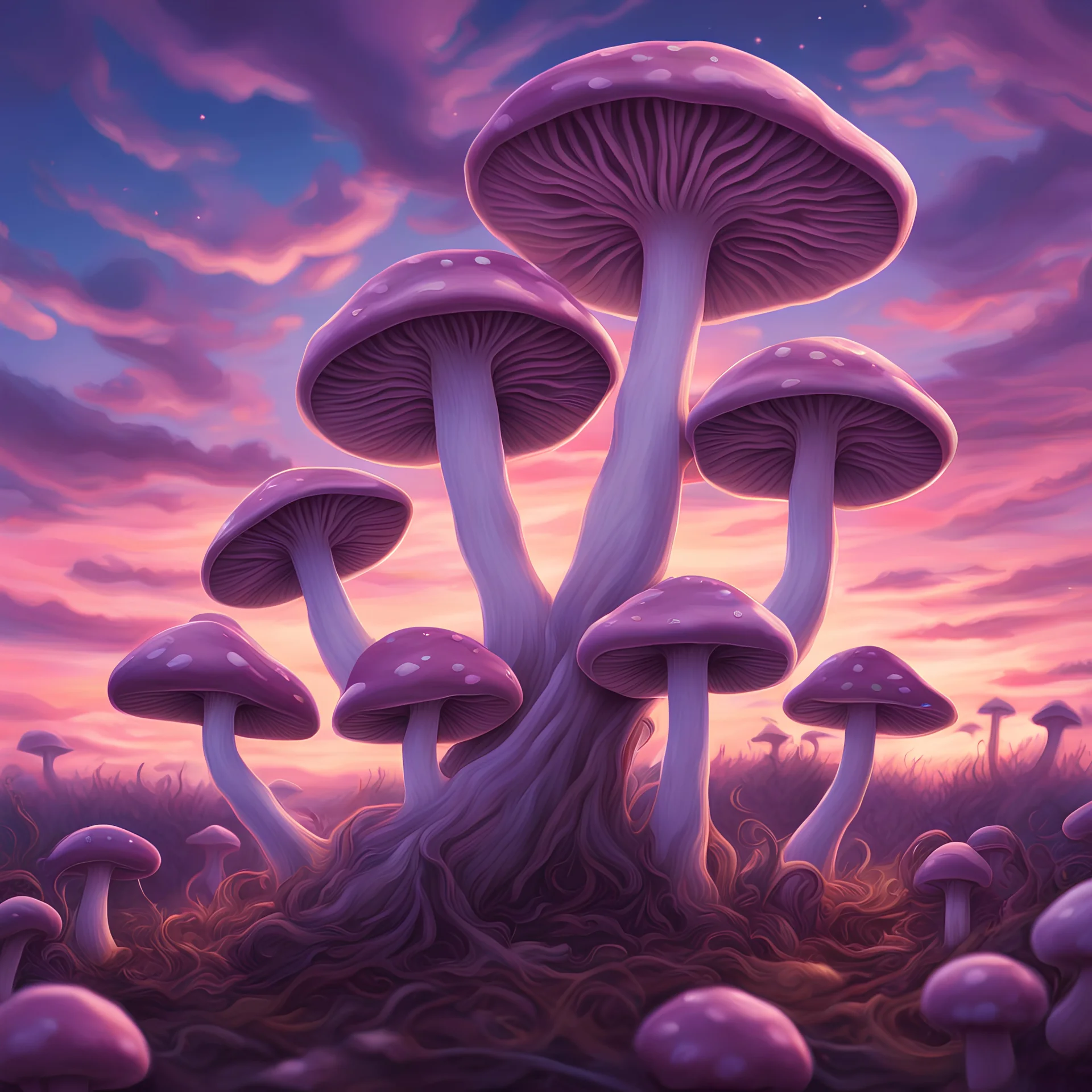 Mauve mushrooms entwined together under a brilliant dusk sky, in vibrant art style