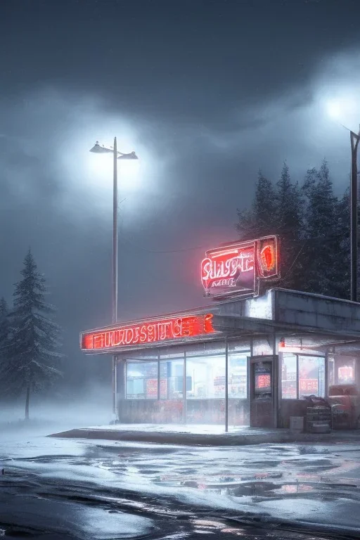 nostalgic blue fallout convenience store snow storm foggy, 8k resolution, high-quality, fine-detail, digital art, detailed matte, volumetric lighting, dynamic lighting, photorealistic