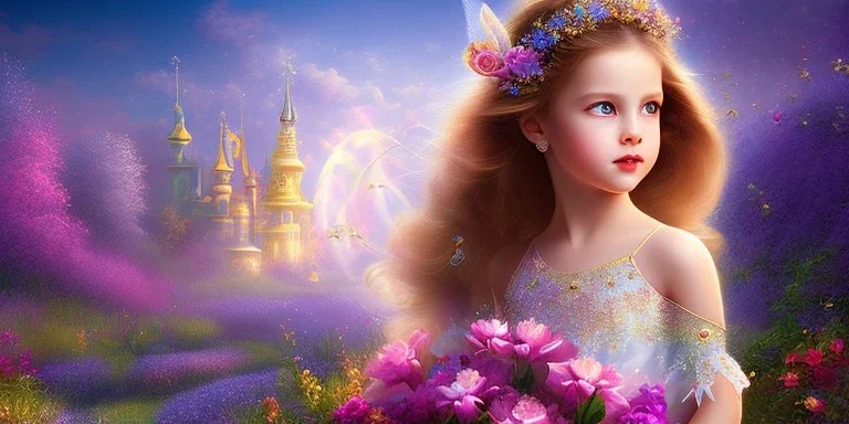 bright fairy, beautiful portrait, flowery landscape