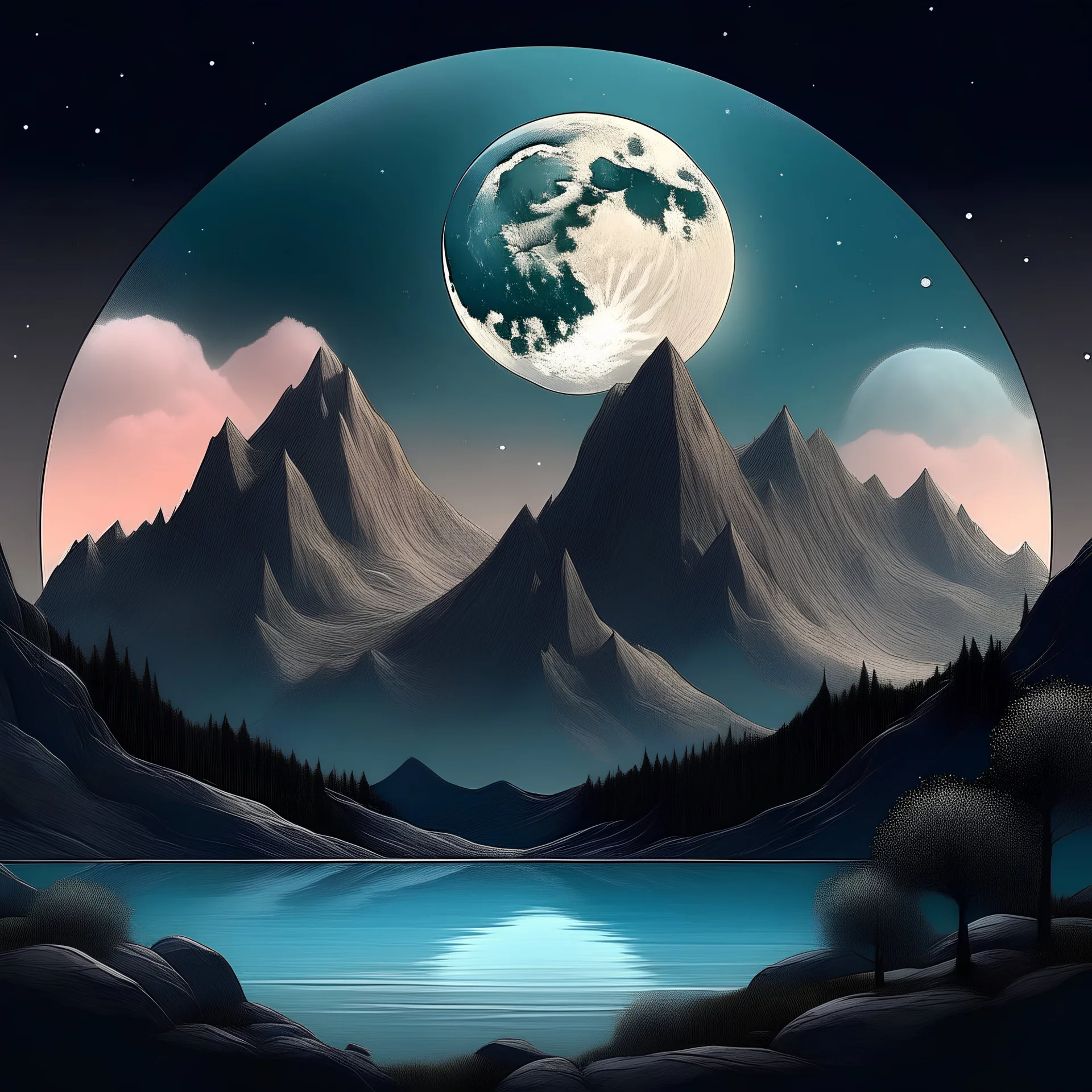 Mountain, moon, landscape, tree's and water
