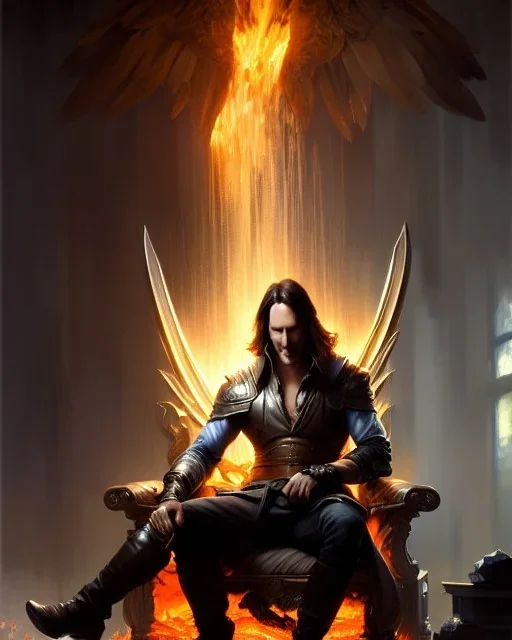 "matt mercer sitting in a comfy chair by a fireplace, beautiful eyes, full-scale head and shoulders portrait, 8k resolution concept art portrait by Greg Rutkowski, Artgerm, WLOP, Alphonse Mucha dynamic lighting hyperdetailed intricately detailed Splash art trending on Artstation triadic colors Unreal Engine 5 volumetric lighting Splash art fantasy