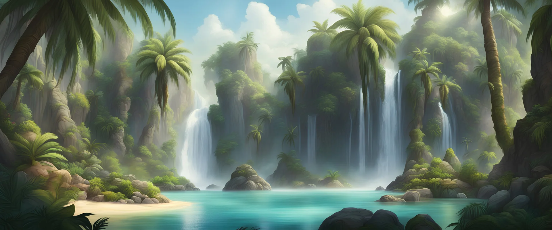 джунгли пальмы скалы водопады фэнтези арт