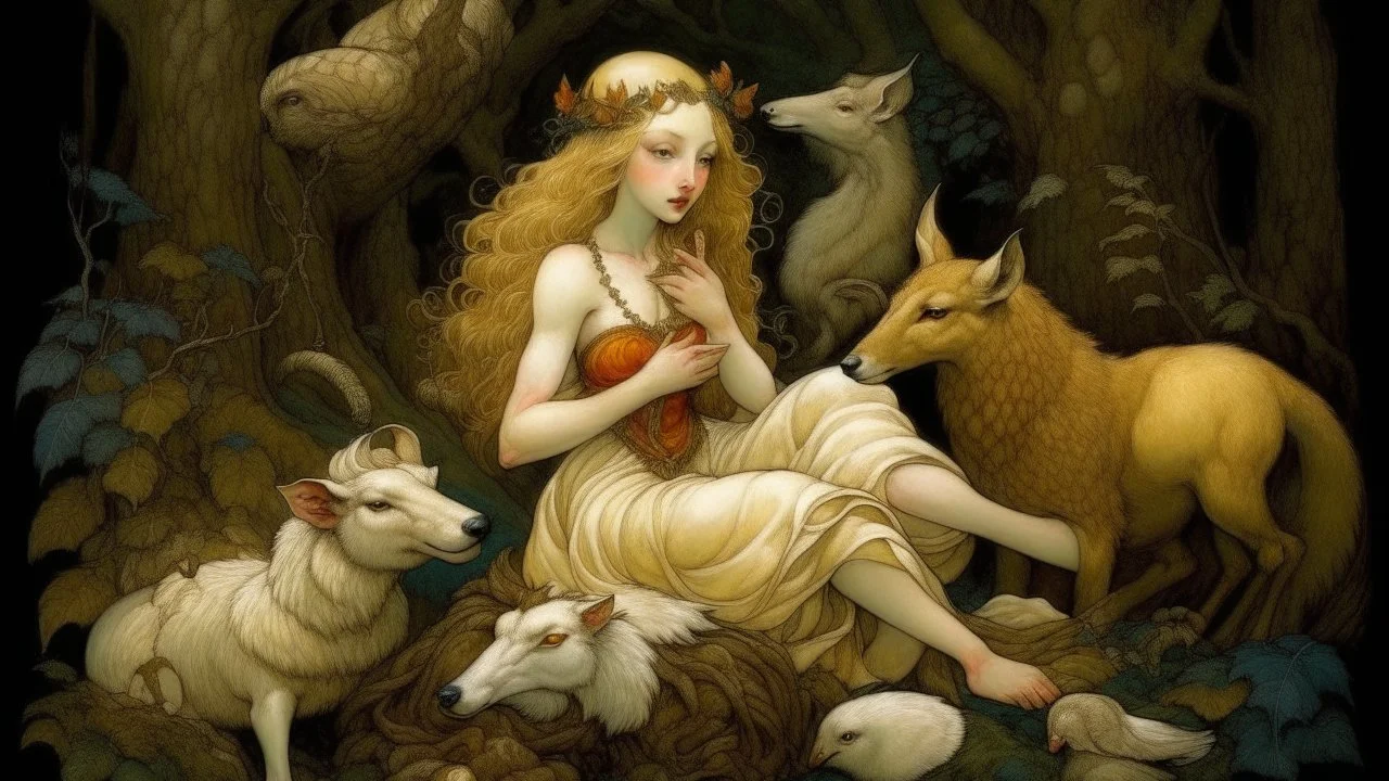 A delicate, woodland nymph with cascading, golden curls cradling a small, bleating lamb, shielding it from the piercing gaze of a large, growling wolf lurking in the shadows. Nearby, a nimble, chestnut-furred doe bounds away from the muscular form of a mighty, golden-maned lion, as a pair of pure white doves take flight, escaping the shadow of a soaring, brown-feathered eagle.