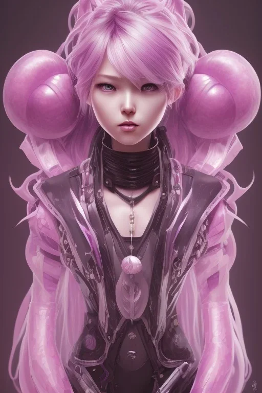 Detailed cute anime Kunoichi girl, purple hair buns, purple bangs, black latex bodysuit, intricate details, full body portrait, keep head in frame, slight smile, black Japanese motif, concept art, highly detailed, digital painting, concept art, sharp focus, illustration, art by Yoji Shinkawa, WLOP and greg rutkowski and alphonse mucha and artgerm and yanjun Chen and Junji ito and Makoto Shinkai, HDR, octane render