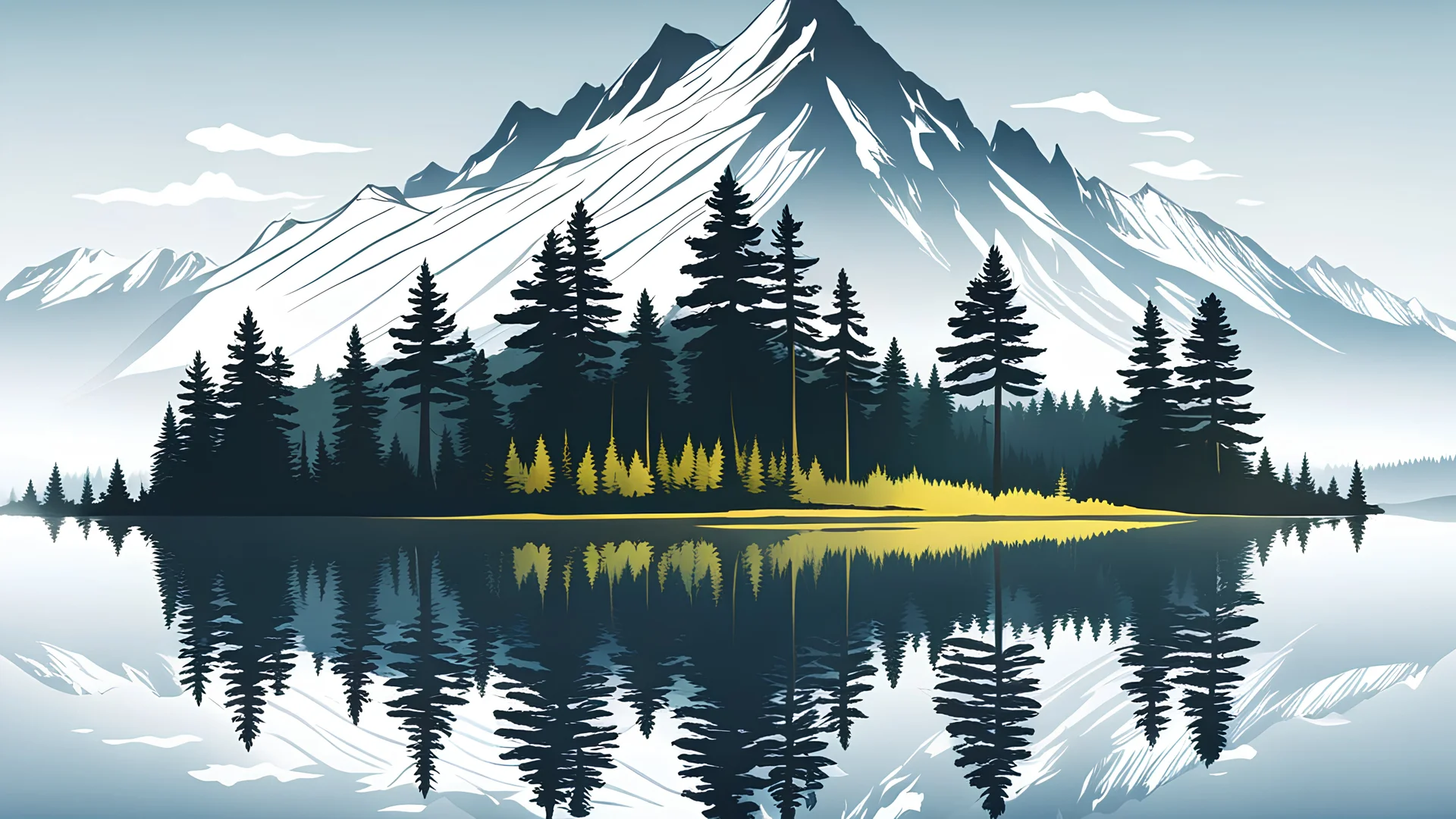 A fir forest in front of a lake,a mountain behind it,reflections, vector