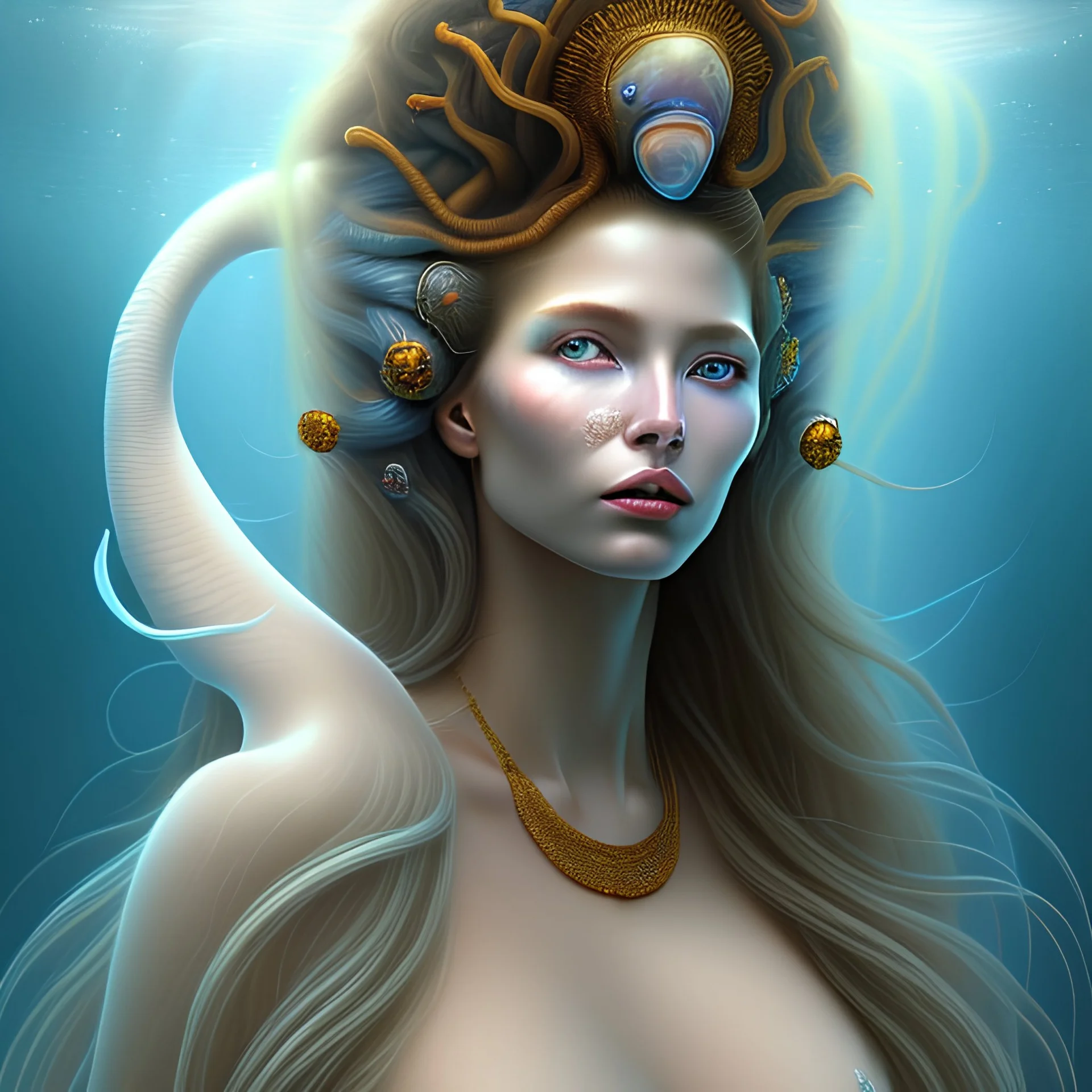 Painting of an underwater Goddess with very long, dark, wavy hair floating all over the place. She has white eyes with strange runes in them, burnt sienna skin tone, and she is holding a beluga whale against her body to cover it.