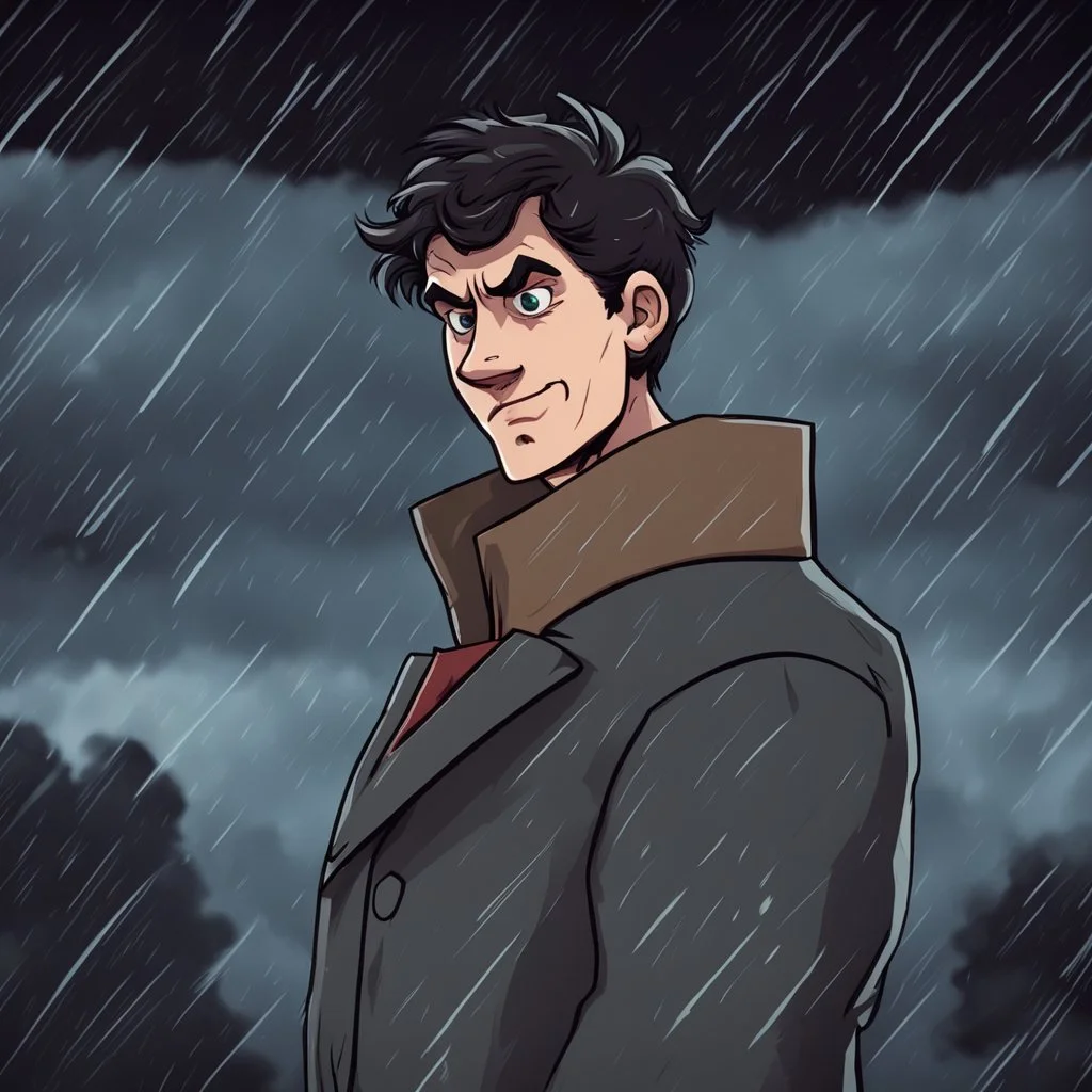 a closeup of a disgusted young man in a heavy coat during a rainstorm cartoon