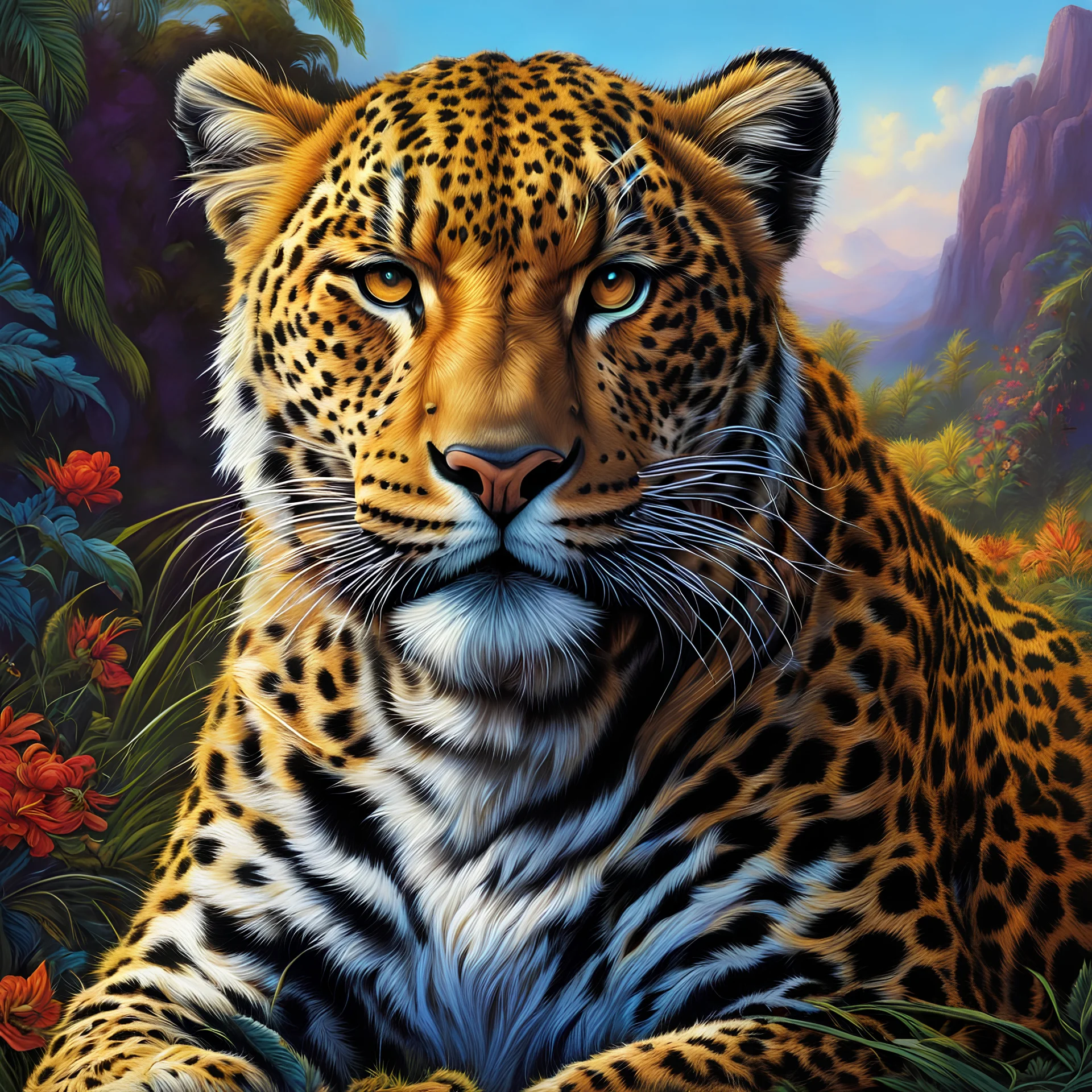 Vivid color, intricate, fantasy, Leopard, high detail, no shading, high detail, no shadows, clean line art, Clyde Caldwell style, 8K quality, masterpiece, photo style, sharp photography, highly detailed and realistic, full body length, centered image