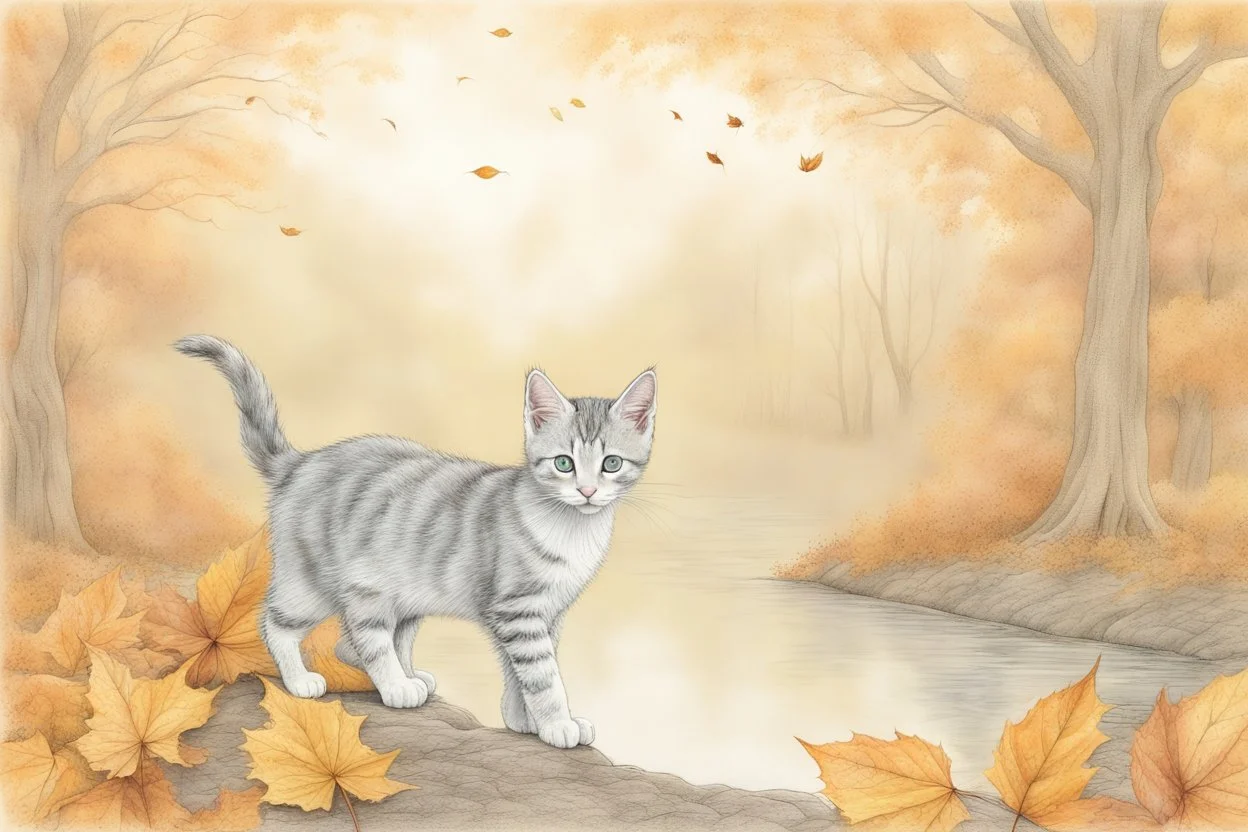 Cute soft contented kitten sweeping autumn leaves from the dirt road in the forest, reflecting water, misty morning sky, intricate zentangle, muted colours, employ golden ratio, elegant, intricate, very beautiful, high definition, hdr, pencil sketch, ultra realistic, ink, wet on wet watercolor, sparkling background