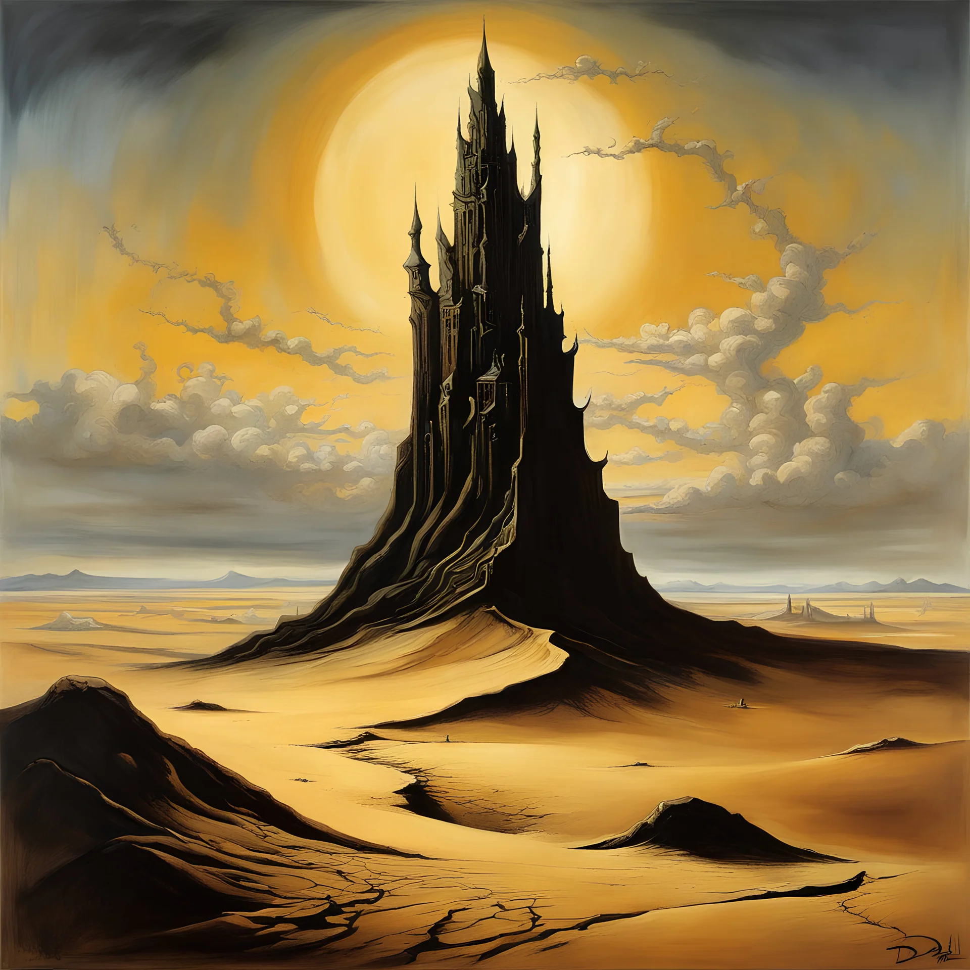 Dark tower in dune painted by Salvador Dali