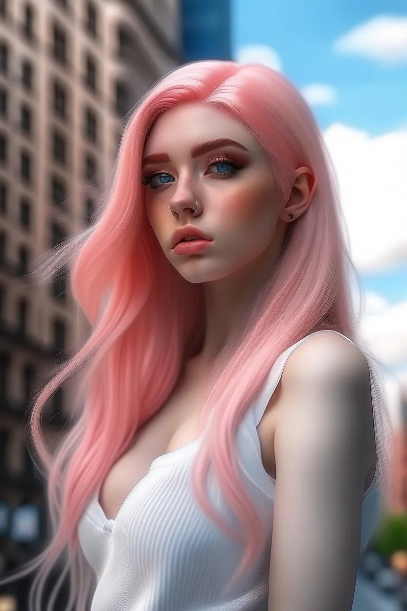 Hyper realistic model with long pastel pink hair and blue eyes in a city scape. Curvy body