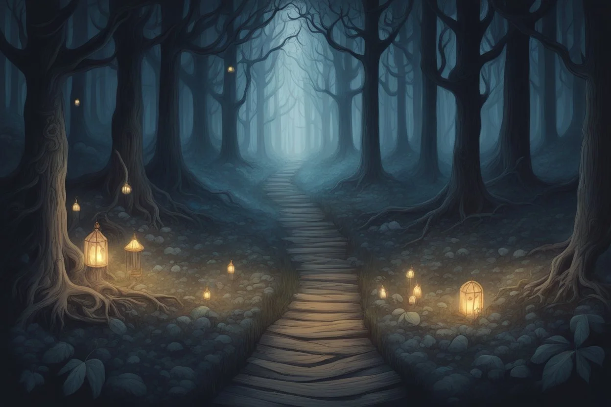 лес темный, с тропинками , иллюстрация сказочная, славянские сказки