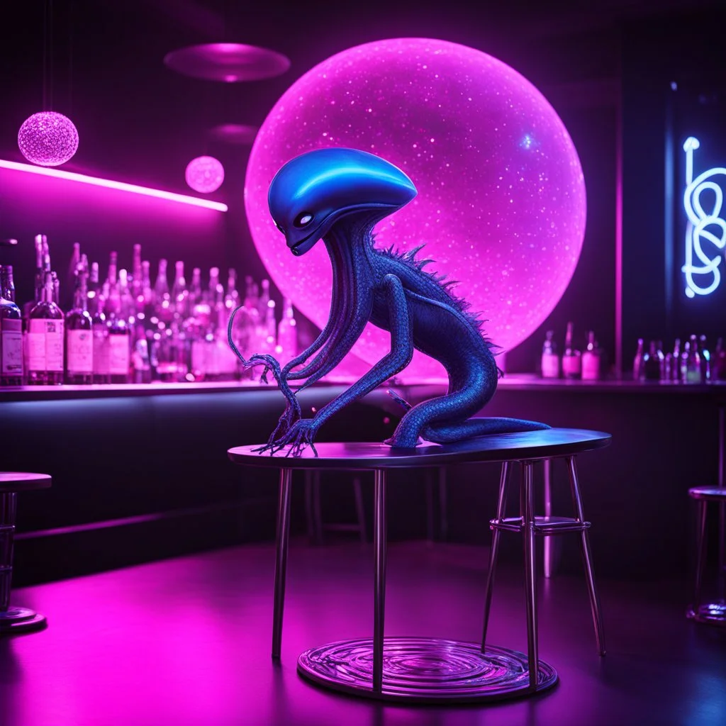 As the neon lights flickered and pulsed in the smoky haze of the space bar, my eyes landed on a peculiar sight. There it was, an alien unlike any I had ever seen before, perched on a barstool, delicately sipping what appeared to be pink bourbon from a sparkling crystal glass. Its slender, tentacled appendages intertwined gracefully as it brought the glass to its lips, taking slow, deliberate sips.