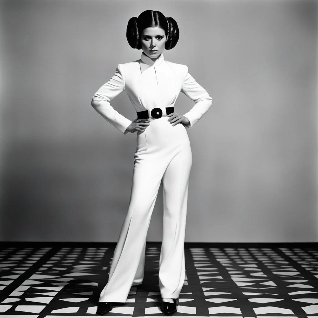 a standing revealing full body black and white photoshoot Princess Leia with her Star Puffs hairstyle by Helmut Newton, typical for the provocative style of Newton