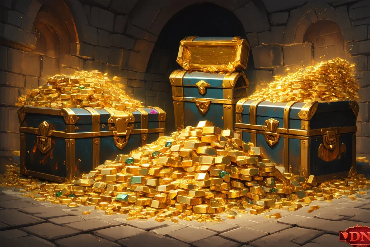 dnd, fantasy, watercolour, large strokes, stylistic, dungeon, piles of gold, chests full of gold, various gems, various riches, opulent, grandiose