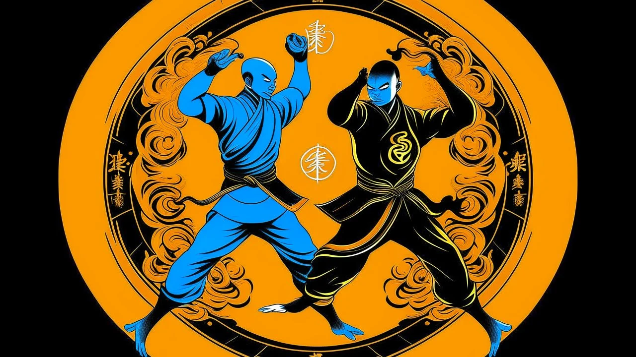 An image of two wushu fighters fighting in a black, orange, and blue color scheme with yang and yang symbols above their heads.