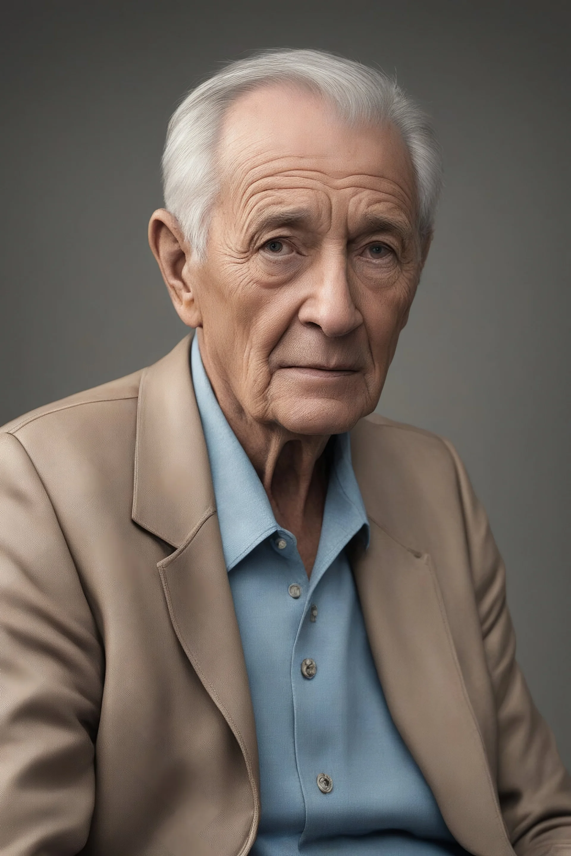 Full Color image, 8k, Ultra-HD, hyper realistic, Photorealistic, focused, fine detail, professional photo, beautiful -- head to shoulder pose, 80-year-old Harold Kendall sitting facing almost forward, thin, bowl-cut, gray hair, short mustache, clean shaven chin, medium build, tan leather jacket with wide collar, light blue button up shirt, Blue Jeans, black tennis shoes