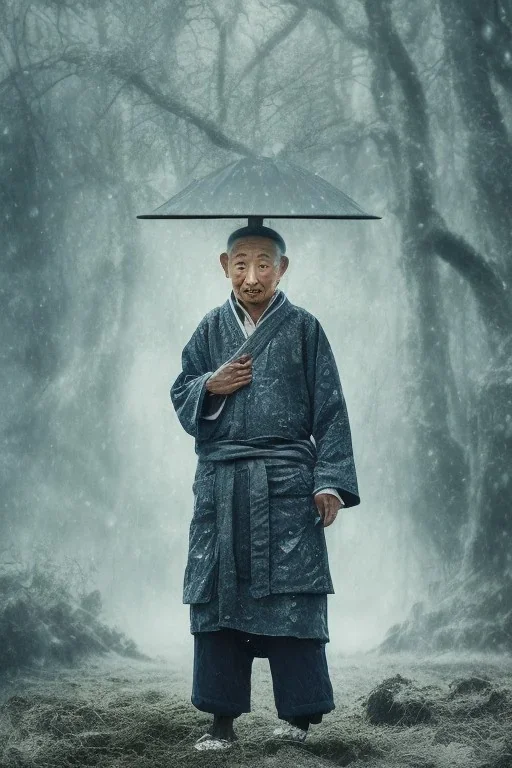 A man in old Japanese clothes is standing in nature while it is raining , winter rain,dramatic scene