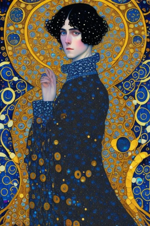 young black haired blue eyed wizard in the style of klimt