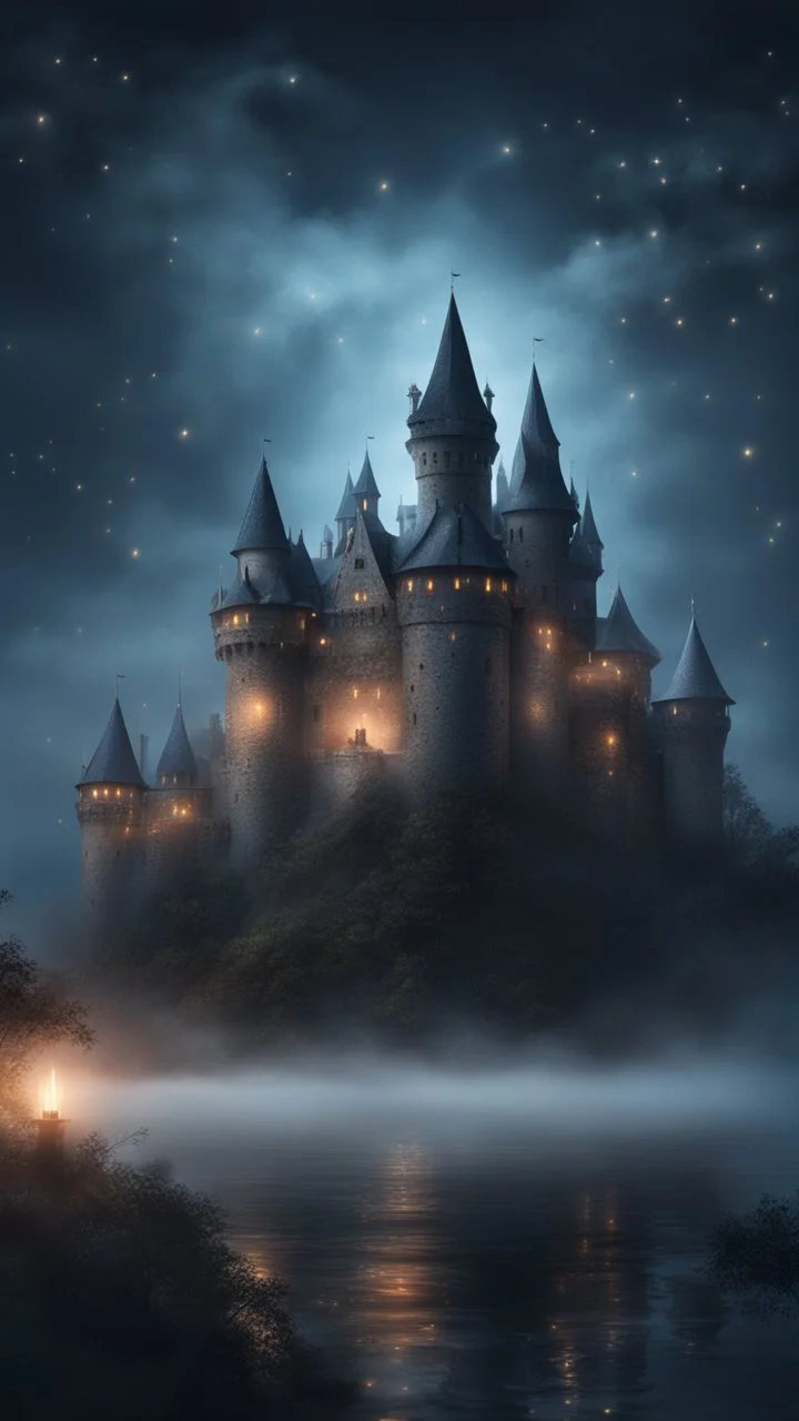 Hyper realistic huge haunted castle in a heavy foggy night with fireflies between an ocean