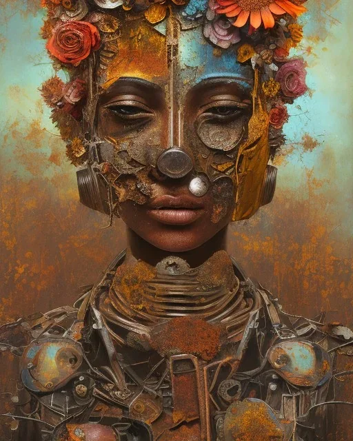 an abstract painting of rusted metal and flowers, african portrait, rust, scaffolding, iron cladding, decay, mixed media, textured, anatomically correct, beautiful perfect face, sharp focus, highly detailed