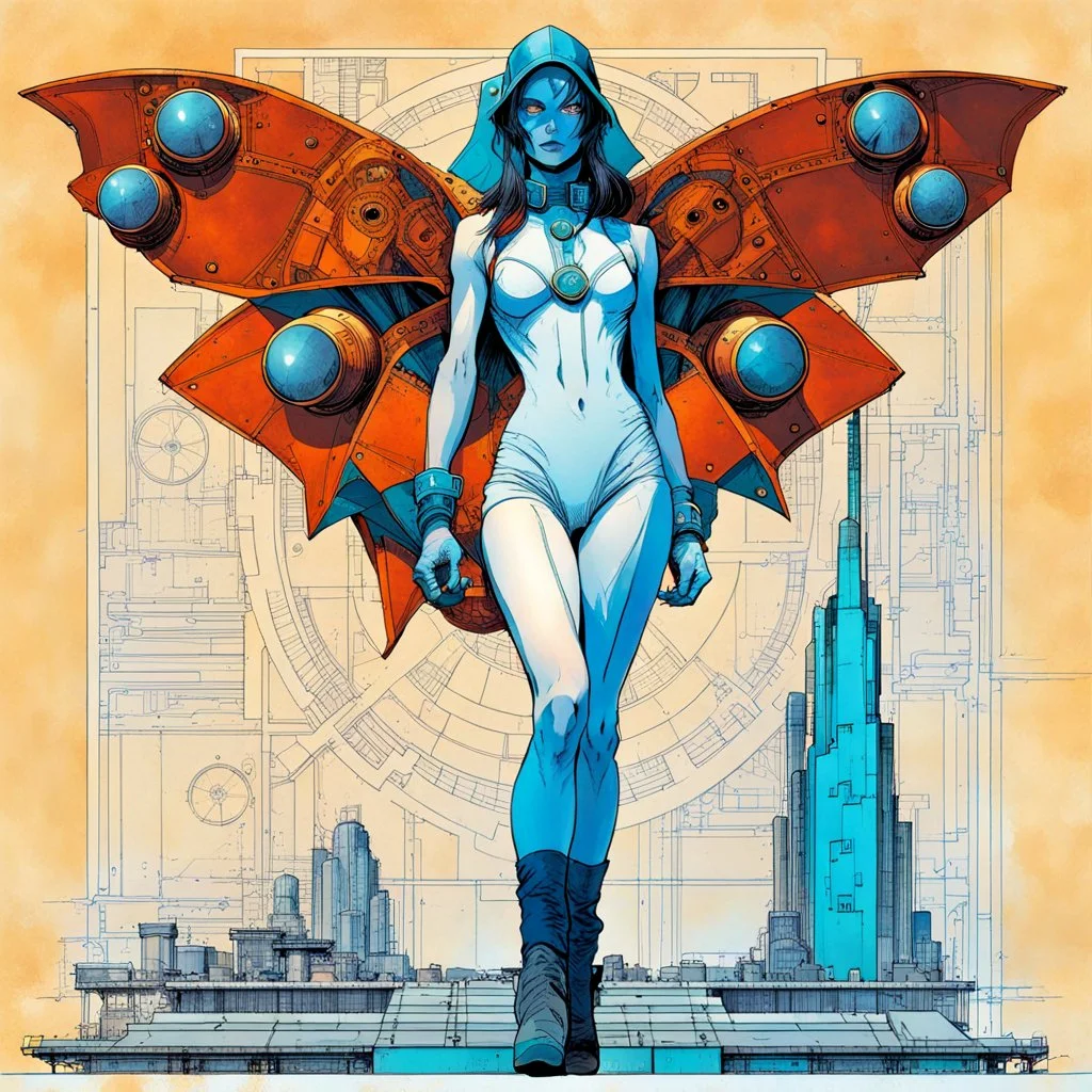 Hand drawn technical,full body portrait illustration , with detailed blueprints and engineering schematics of a walking Atlas moth insect girl, in the comic book art style of BILL SIENKIEWICZ and JEAN GIRAUD MOEBIUS, with highly detailed facial features, drawings, and technical notation, 8k, vibrant natural colors