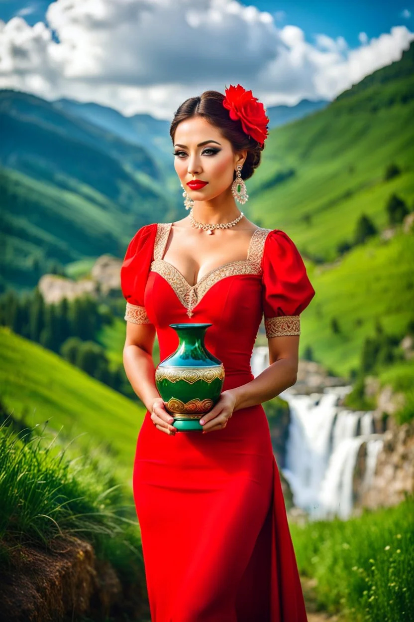 a woman in a red dress holding a vase, creative colorfull - makeup, with professional makeup, very very very beautiful face , nice country side with hills ,waterfall over a river with clear water,girls with perfect pretty face in folk costums closeup , very nice mountains at distant, nice clouds in sky ,wide green field with