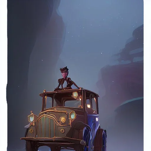 Boy stow away in magical carriage at night Nick Harris style