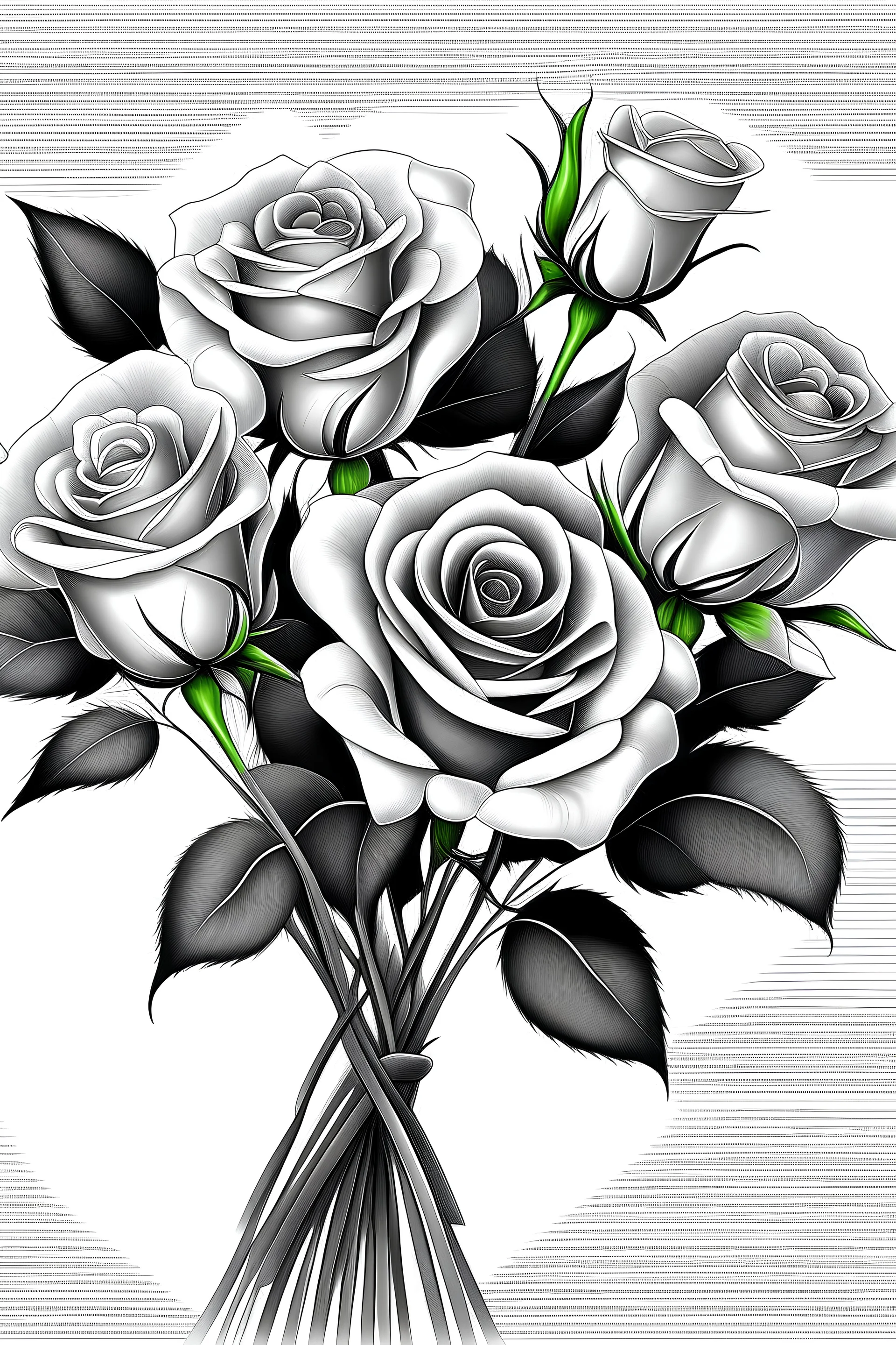 hight definition bouquet roses greyscale, white background, hight contrast, ready to vectorise with long stem full view