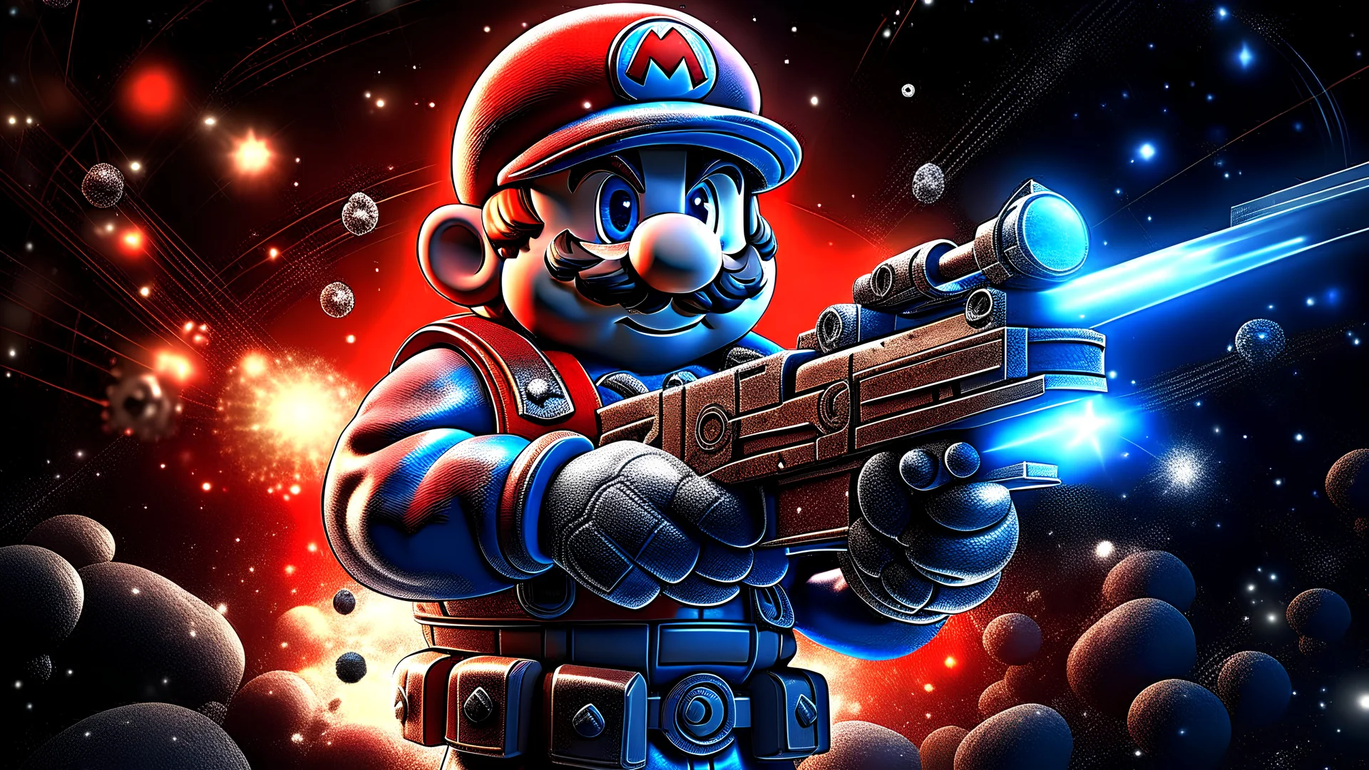 Mario holding a photo real ak47 gun. intricate metallic prisms in space with nebula style