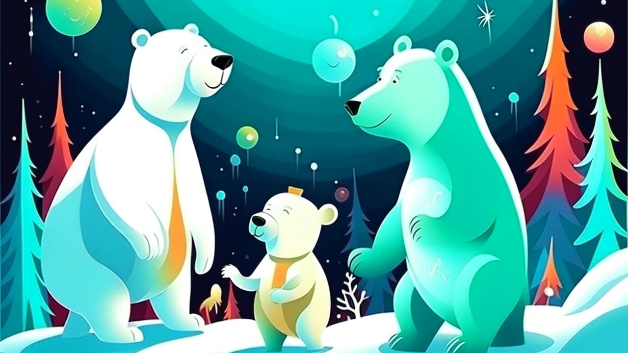 fantasy cartoon illustration: polar bear, Artic white fox and reindeer are looking Norther lights during Christmas party