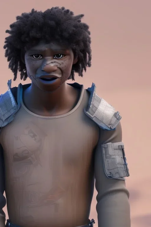 3D render of a cyberpunk tribal young black man, black afro hair, ragged shirt, on a orange dune background, digital art