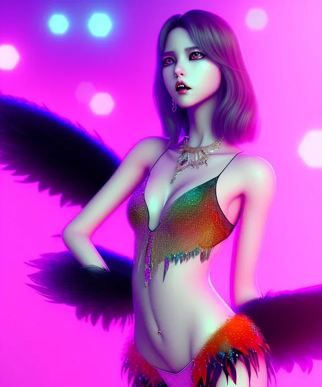 myoui mina,black swan, dance, glam, feathers, bold, elegant, digital art, unreal engine, low lighting, octane render, photo realistic, ambiance