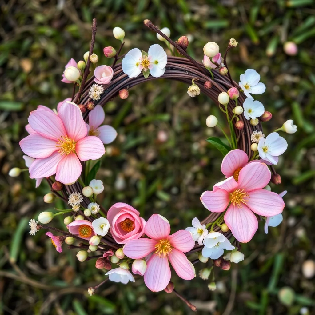 A hyper-realistic photograph of spring flowers and willow branches arranged in a wreath, top view composition, natural and soft mood, photorealistic style, macro photography, nature background, diffused natural lighting, pastel and fresh tones, ultra high resolution --ar 16:9