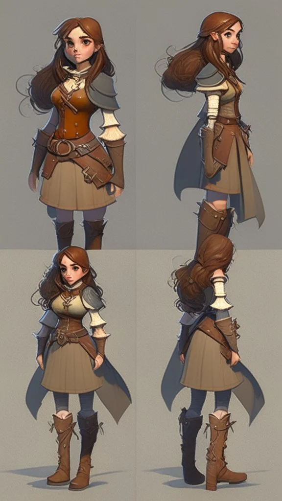 turnaround character of a girl, brown hair, she wears fantasy medieval clothes, she is slim, full body with boots