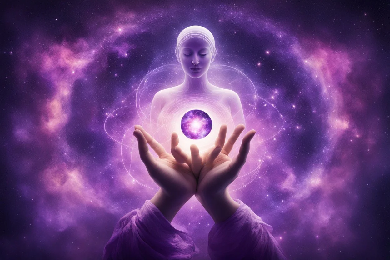 kundalini, connected to the universe, purple galaxy, soul holding few universes in hands