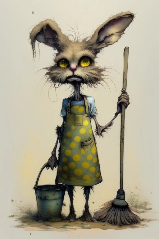 artist Jean-Baptiste Monge style. a unhappy, disgruntled biomorph tall lanky skinny fuzz-headed old dust bunny. skinny arms, legs and body. covered all over in bits of dust and dirt. blue eyes. A yellow dotted green raggedy apron. holding a mop and pail. standing in a cloud of dust. large bits of dirt flying around his head. In Style of Tim Burton