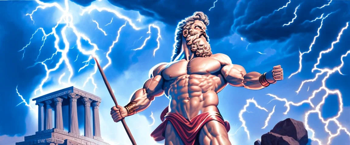 Detailed and realistic illustration of Greek god Zeus holding lightning in front of him Vintage style illustration. Red lightning. Ultra high resolution, realism, muscular, low fat percentage, blue clouds in the background, statue like, temple on the background, mount olympus on the background, lightning stricking on the background, Realistic men, no disformations