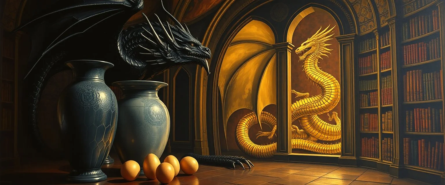 master oil painting by Escher and Giger, glaring vases and black humanoid reflective dragon and hidden golden dragon inside library, cryptic eggs, sacred geometry