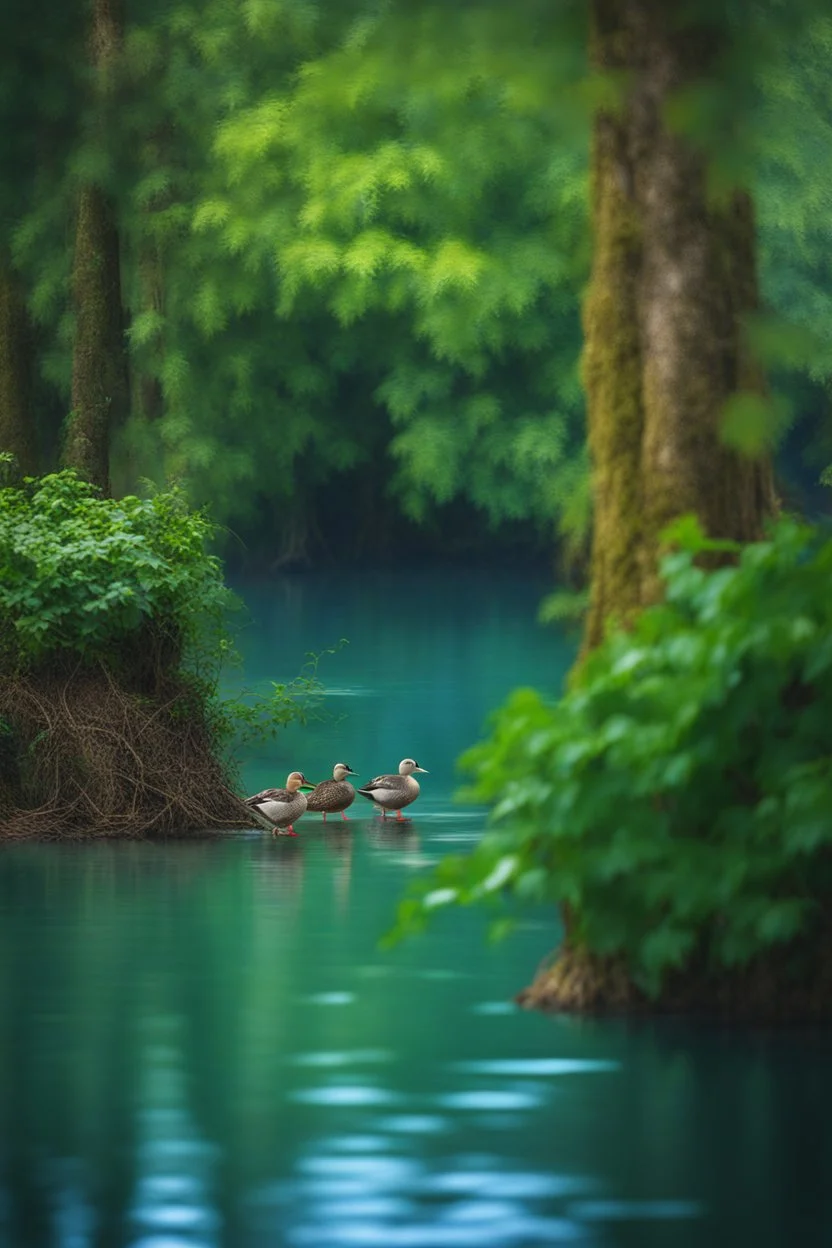 A three ducks swimming in the lake , covers a green leaves among relict trees, tropical forest in some places covered with ivy, around blue beautiful river fantasy, photo