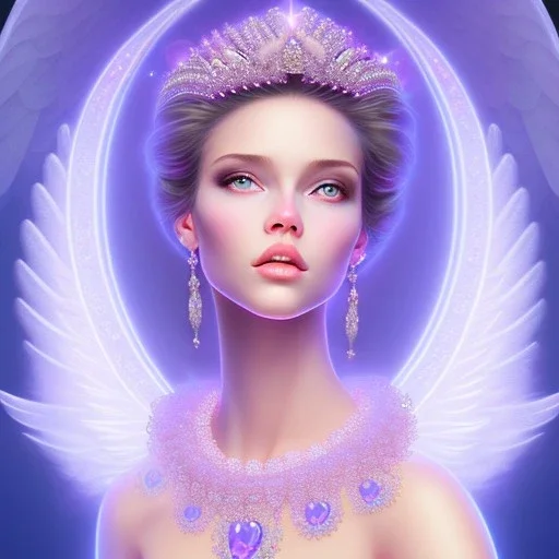 portrait of a beautiful woman with an angel face, pink and blue dress, jewels, soft light aura