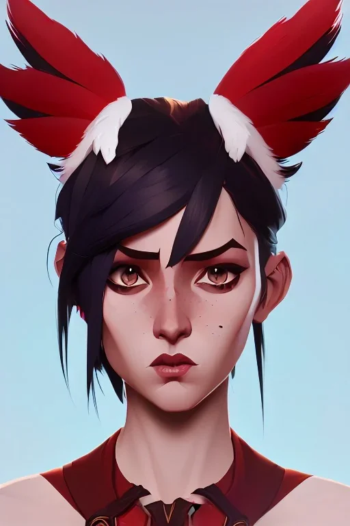 A beautiful portrait of a cute woman with small horns, red color scheme, high key lighting, volumetric light high details with white stripes and feathers