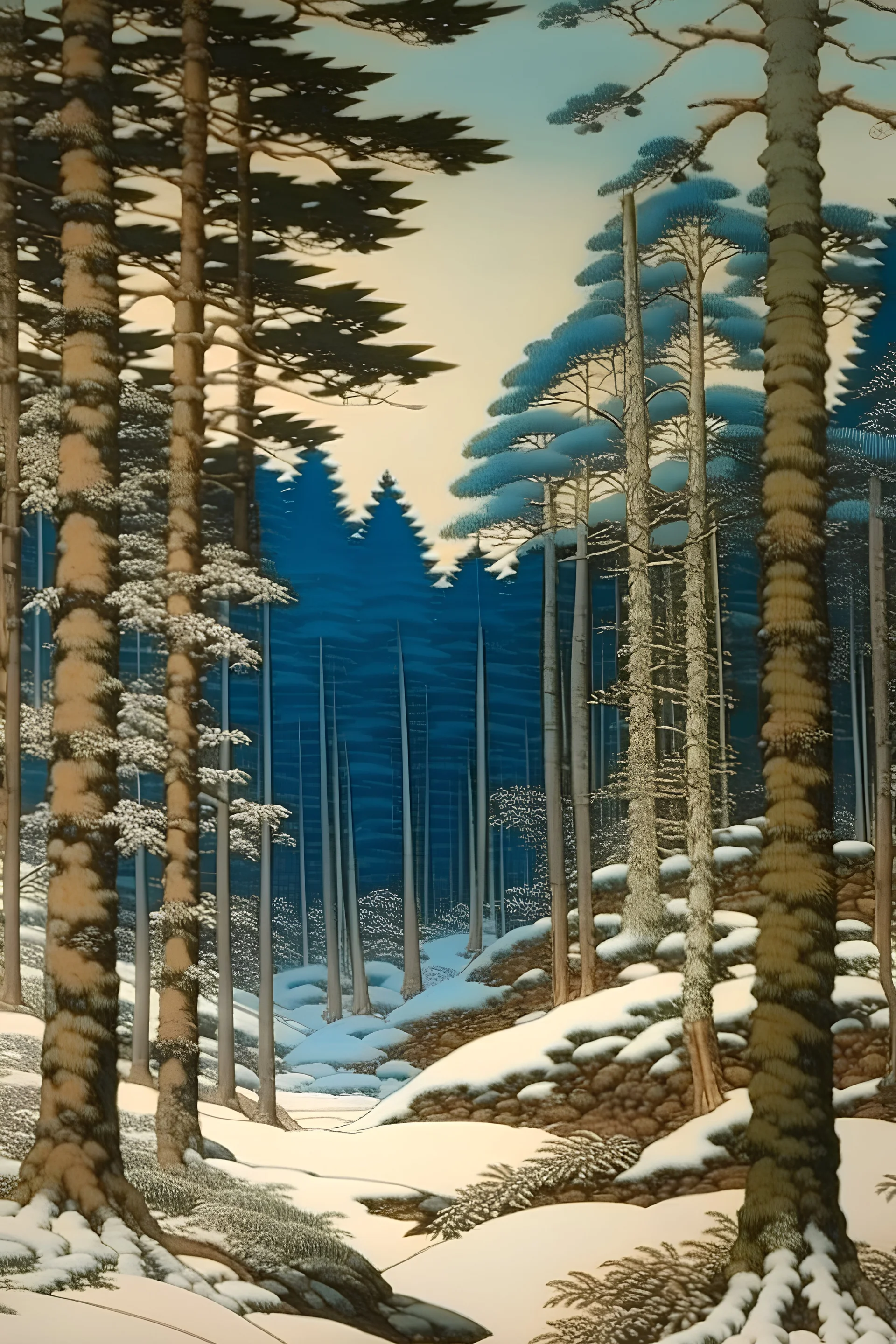 A winter forest covered in snow painted by Katsushika Hokusai