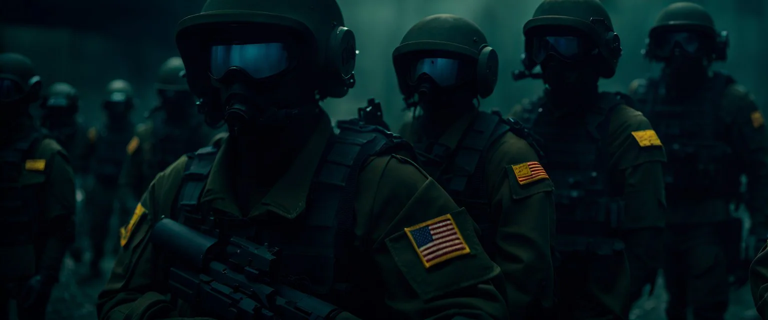 War Film but instead of U.S.A. soldiers it's McDonalds soldiers, Cocola Brand Military Drones, cinematic, Fuji Film, Anamorphic lens, 2040s, deep depth of field, in a Cyber punk WW3 film