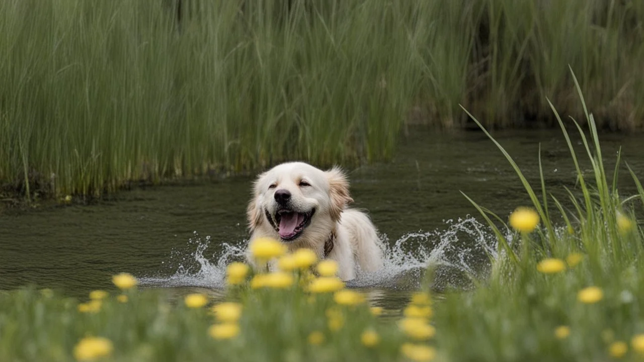 laughing dog in the water playing with flower